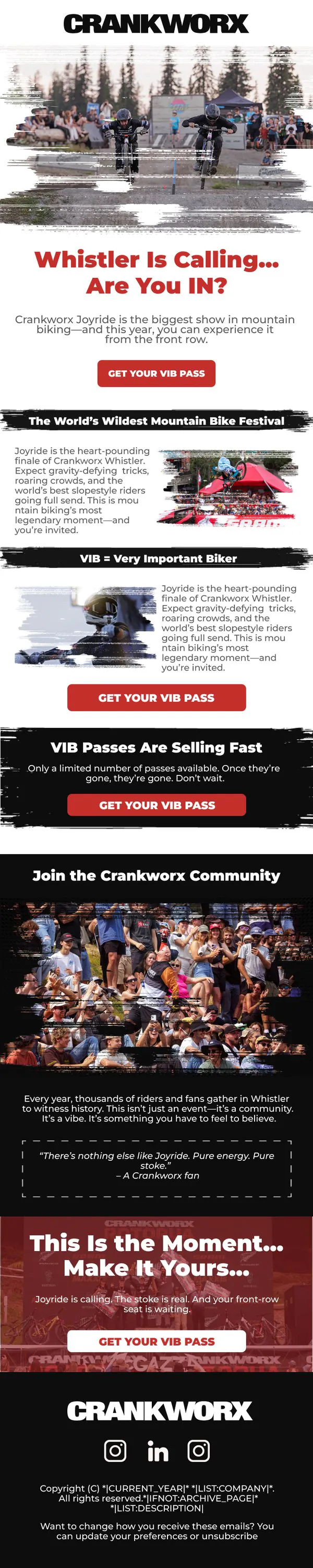 Crankworx Joyride campaign email designed by ByteRoc, headline Whistler is calling, are you in