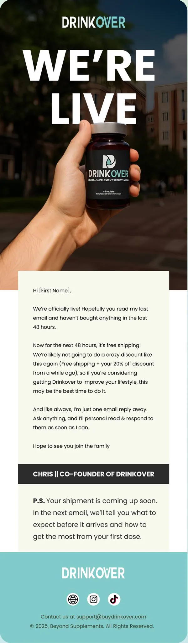 DrinkOver launch email designed by ByteRoc, headline We are live