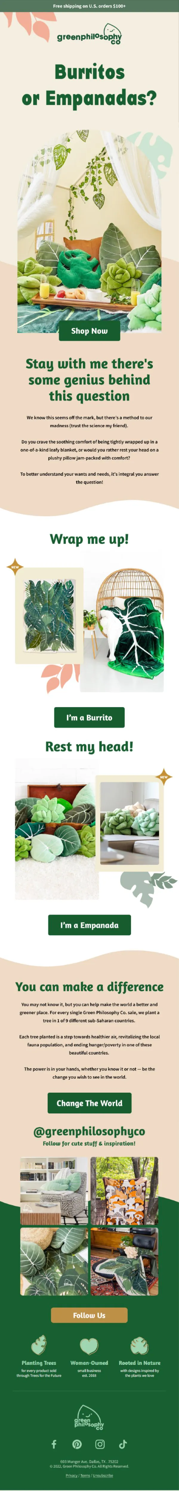 Green Philosophy Co campaign email designed by ByteRoc, headline Burritos or Empanadas