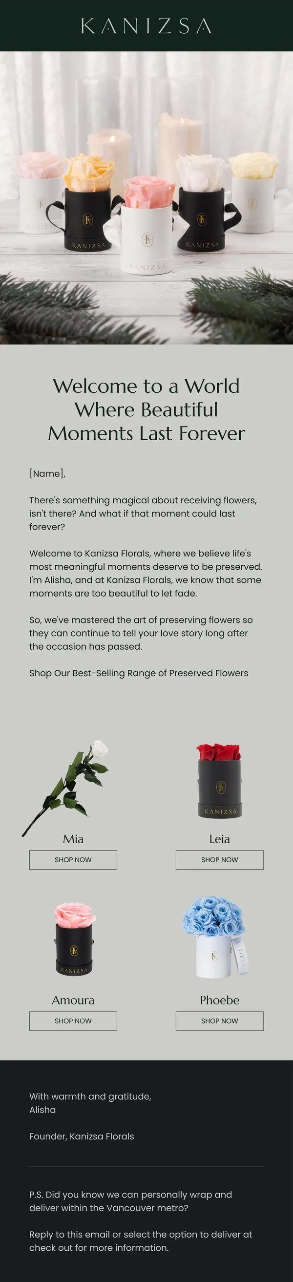Kanizsa Florals welcome email designed by ByteRoc, headline Welcome to a world where beautiful moments last forever