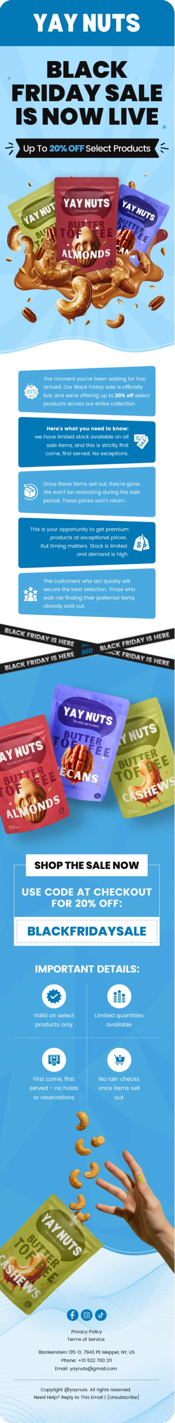 Yay Nuts Black Friday email designed by ByteRoc, headline Black Friday sale is now live