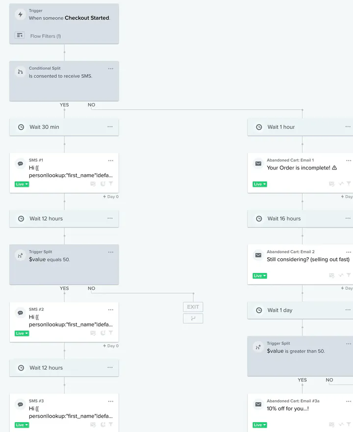 A live abandoned-checkout flow in Klaviyo, with email and SMS branches.